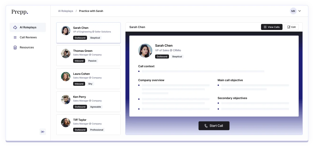 Prepp AI Roleplays Interface showing practice scenarios with various sales personas